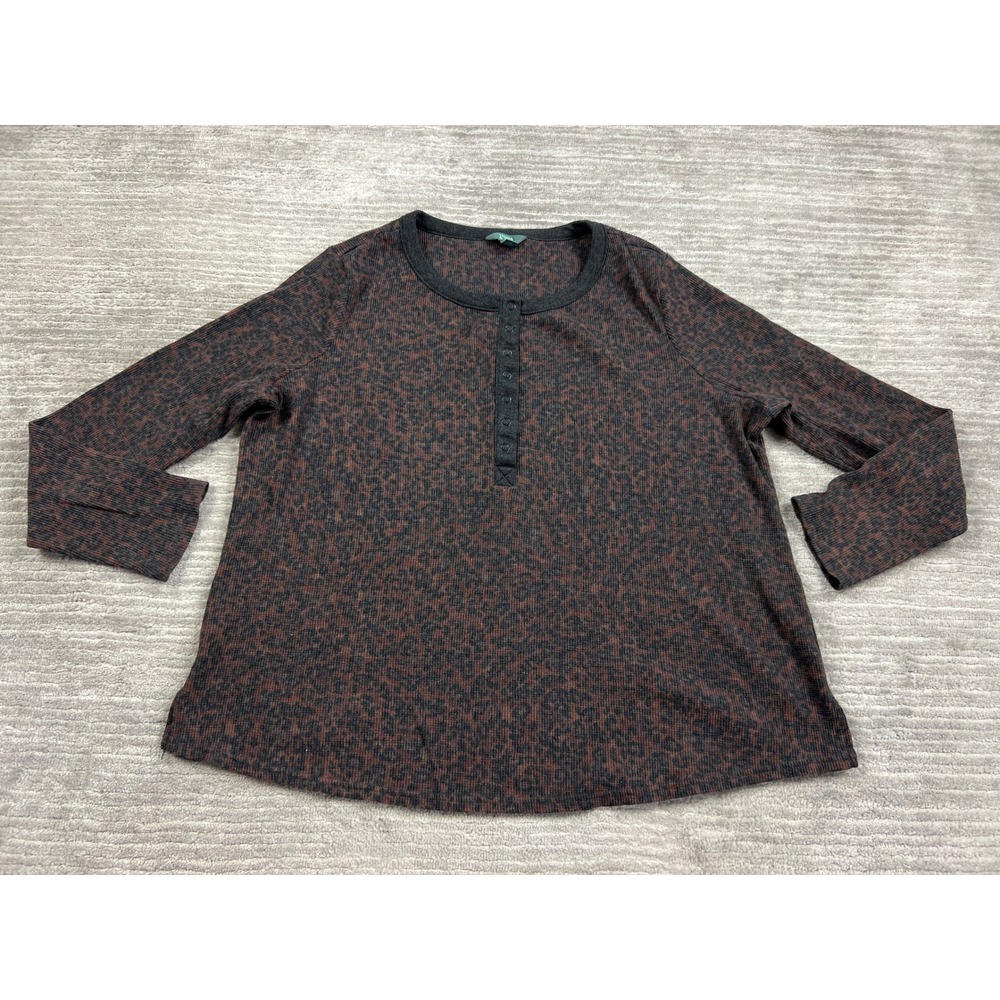 Terra & Sky Henley Top Womens 2X Brown Leopard Print Waffle Knit Long Sleeve